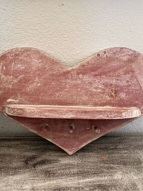 Vintage Rustic Pink Wood Heart Shaped Farmhouse Wall Shelf w/3 Pegs 18"x5"x10"